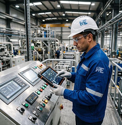 Technician operating industrial equipment